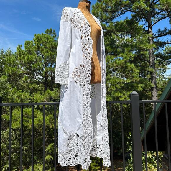 Vintage 90s does Edwardian Battenburg Tape Lace Cut Out Linen Duster Robe S - Picture 1 of 7
